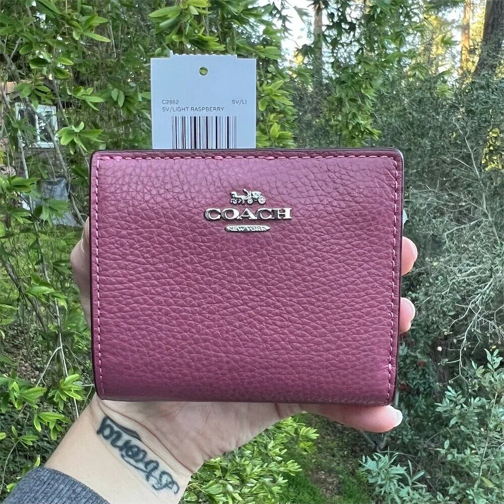 COACH Snap Bifold Wallet Pebble Leather Light Raspberry w Silver Hardware NWT